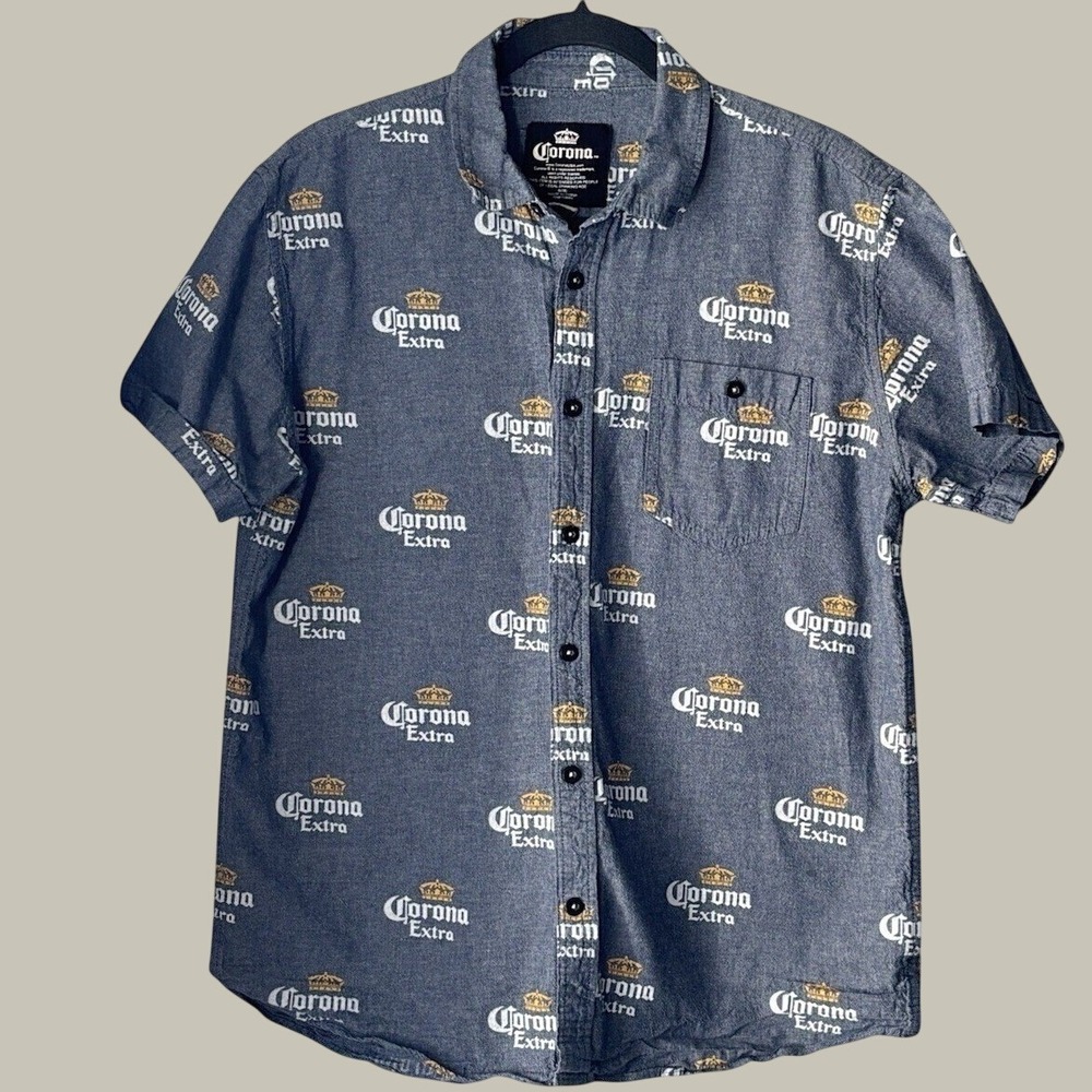 Corona Extra Button Up Shirt L Blue All Over Print Beer Logo Casual Short Sleeve